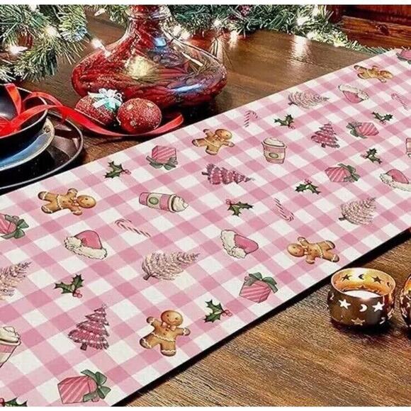 Christmas Table Runner Pink Plaid Tree Gingerbread Candy Cane Presents 13''x 72” - Picture 2 of 4